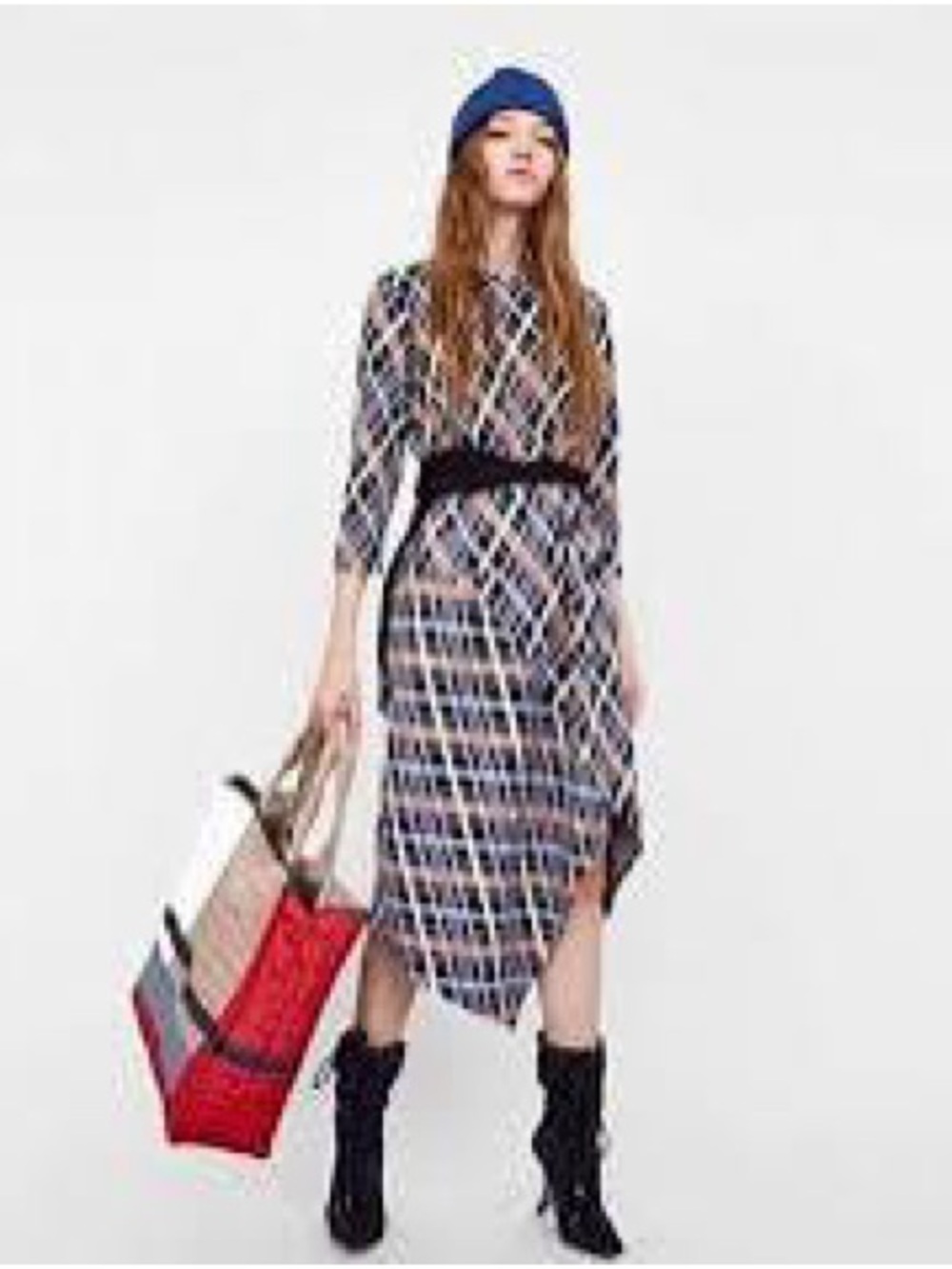 Zara Navy Plaid Midi Dress